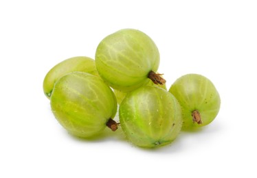 Photo of Many fresh green gooseberries isolated on white