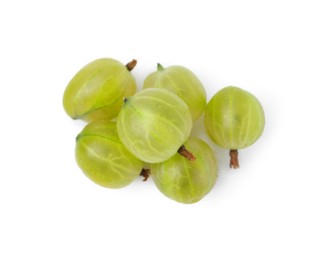 Photo of Many fresh green gooseberries isolated on white, top view