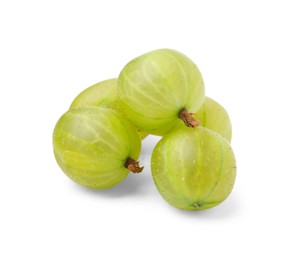 Photo of Many fresh green gooseberries isolated on white