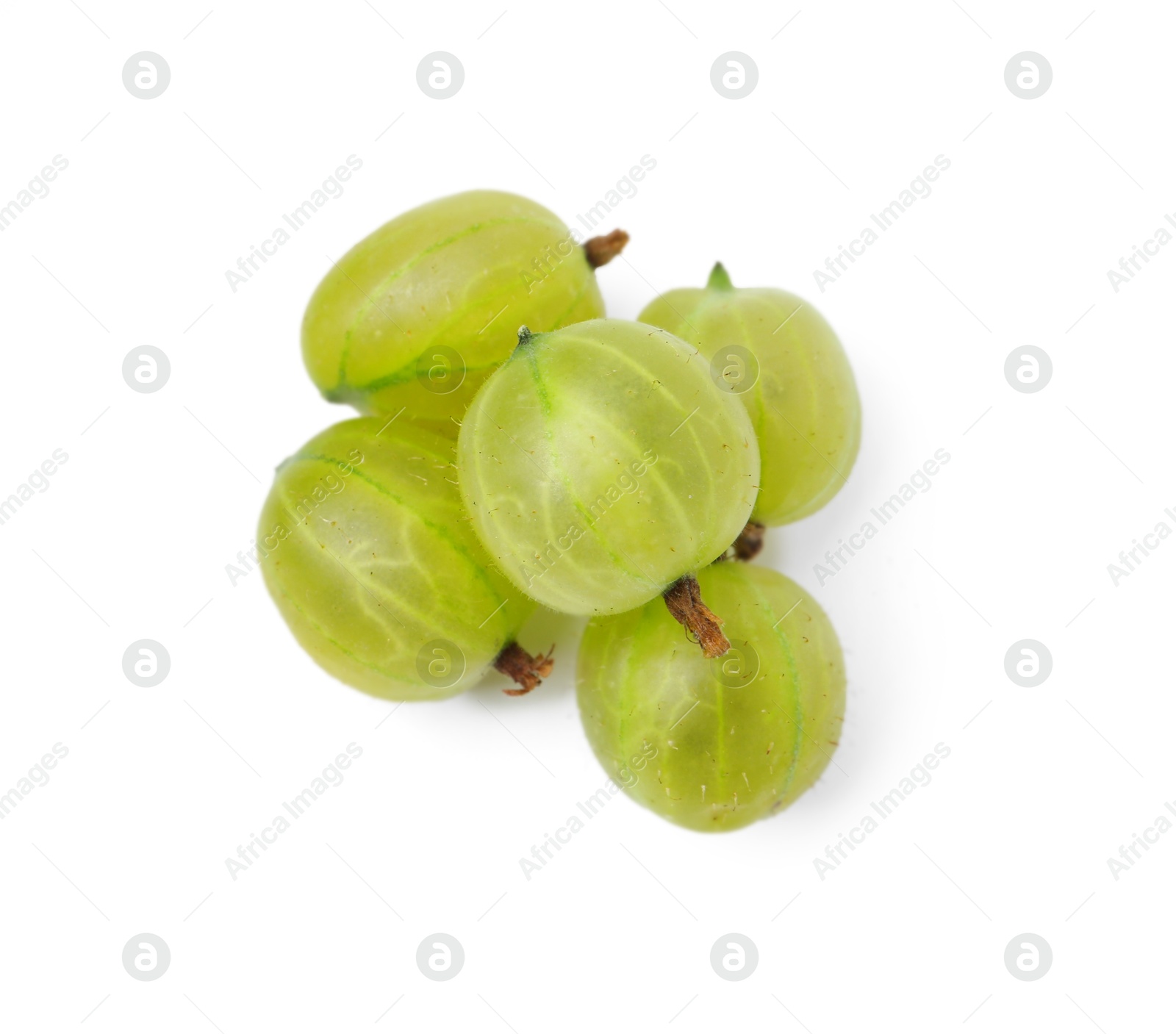 Photo of Many fresh green gooseberries isolated on white, top view