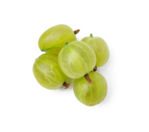 Photo of Many fresh green gooseberries isolated on white, top view