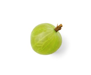 Photo of One fresh green gooseberry isolated on white, above view