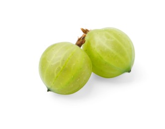 Photo of Two fresh green gooseberries isolated on white