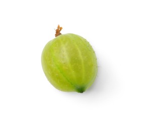 Photo of One fresh green gooseberry isolated on white, top view