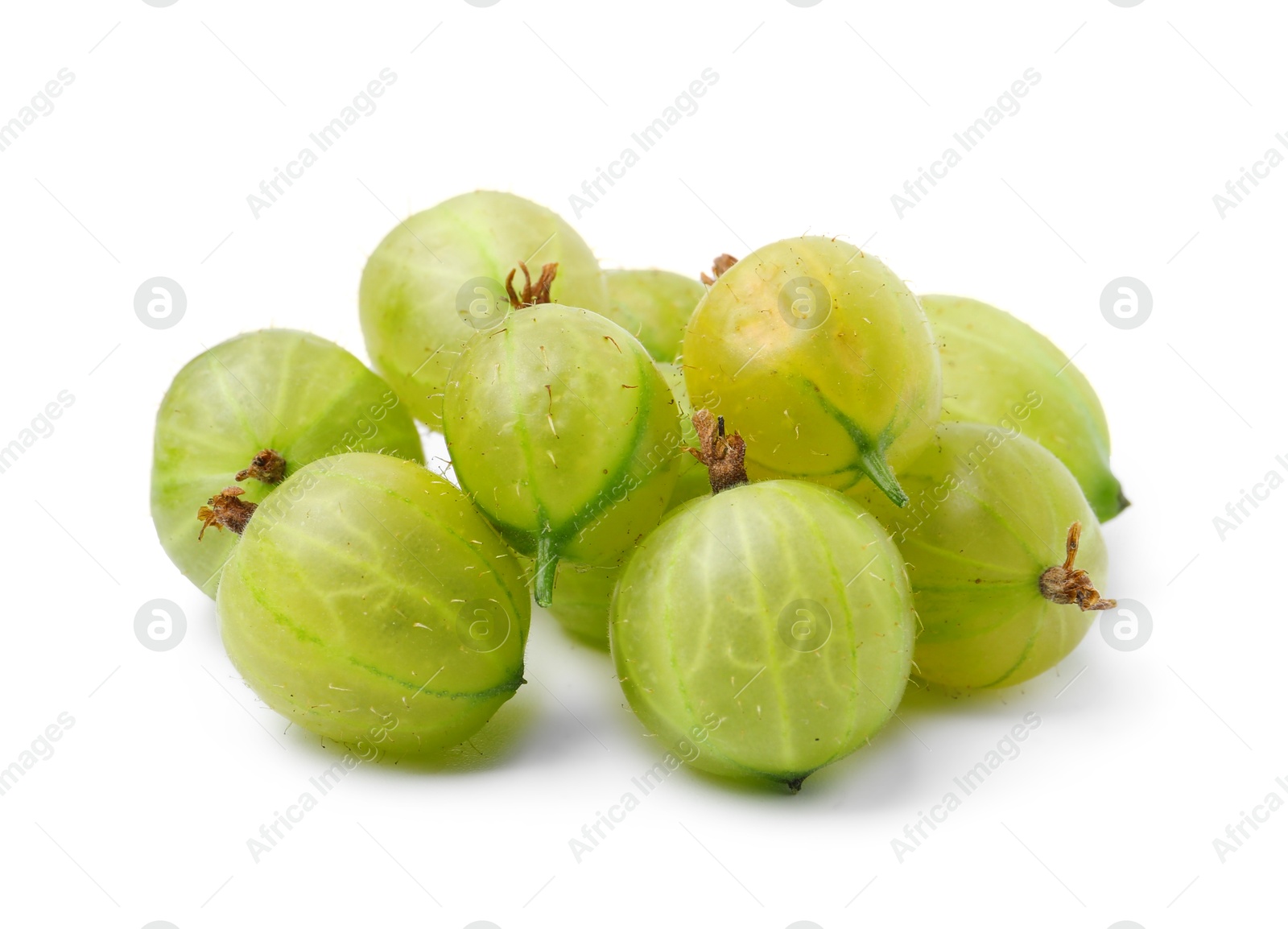 Photo of Many fresh green gooseberries isolated on white