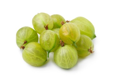 Photo of Many fresh green gooseberries isolated on white