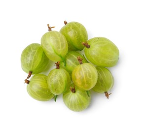 Photo of Many fresh green gooseberries isolated on white, top view