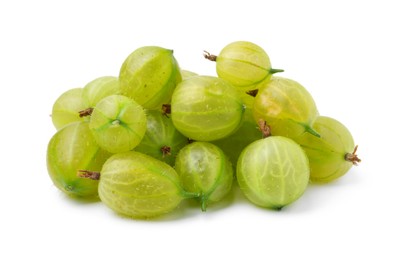 Photo of Many fresh green gooseberries isolated on white