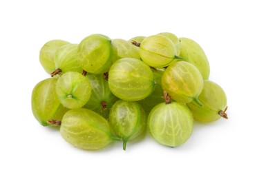 Photo of Many fresh green gooseberries isolated on white