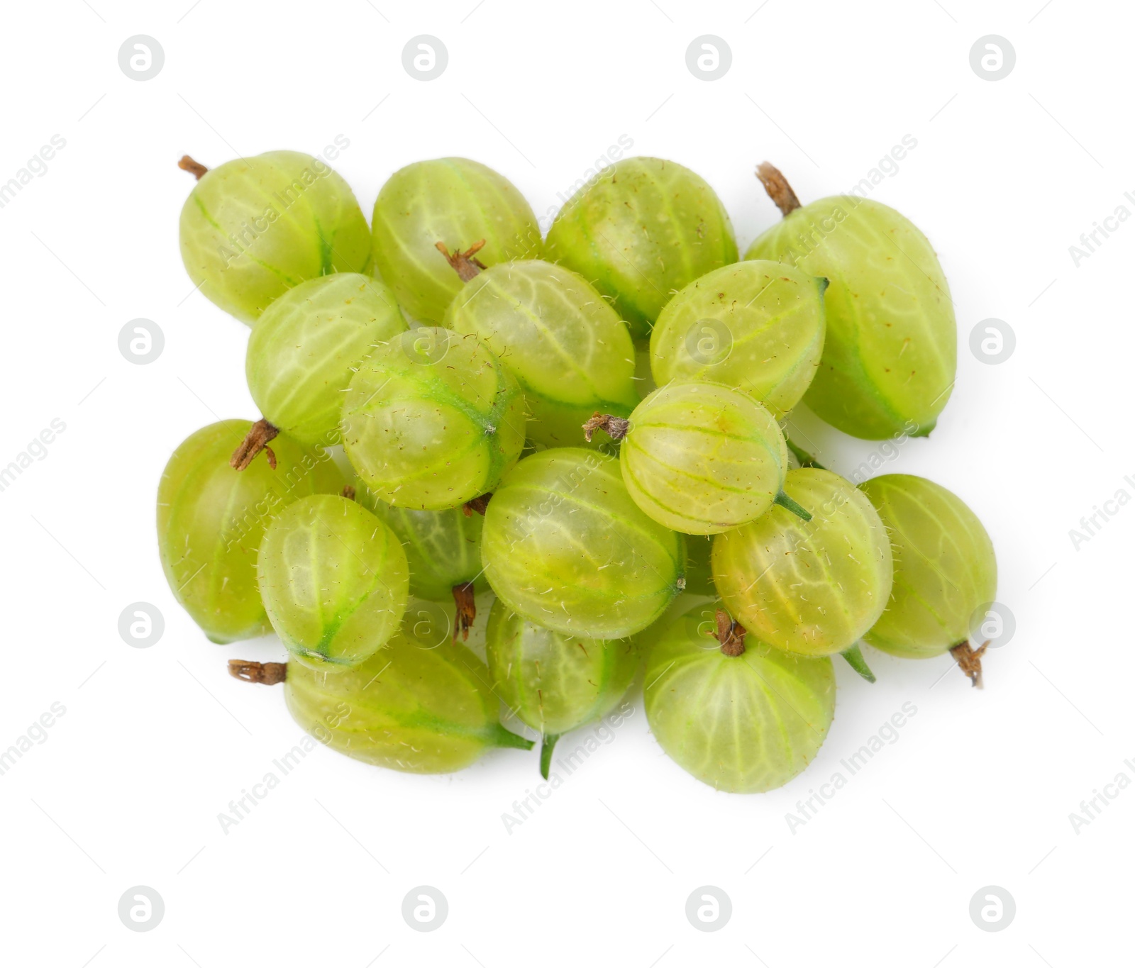 Photo of Many fresh green gooseberries isolated on white, top view