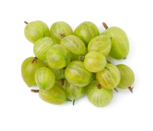 Photo of Many fresh green gooseberries isolated on white, top view