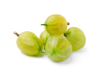 Photo of Many fresh green gooseberries isolated on white