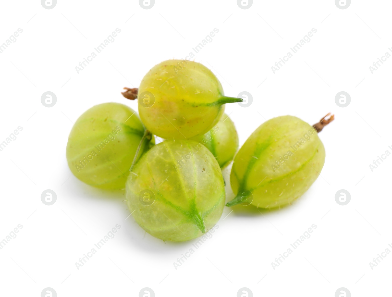 Photo of Many fresh green gooseberries isolated on white