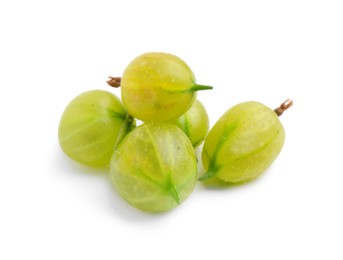 Photo of Many fresh green gooseberries isolated on white