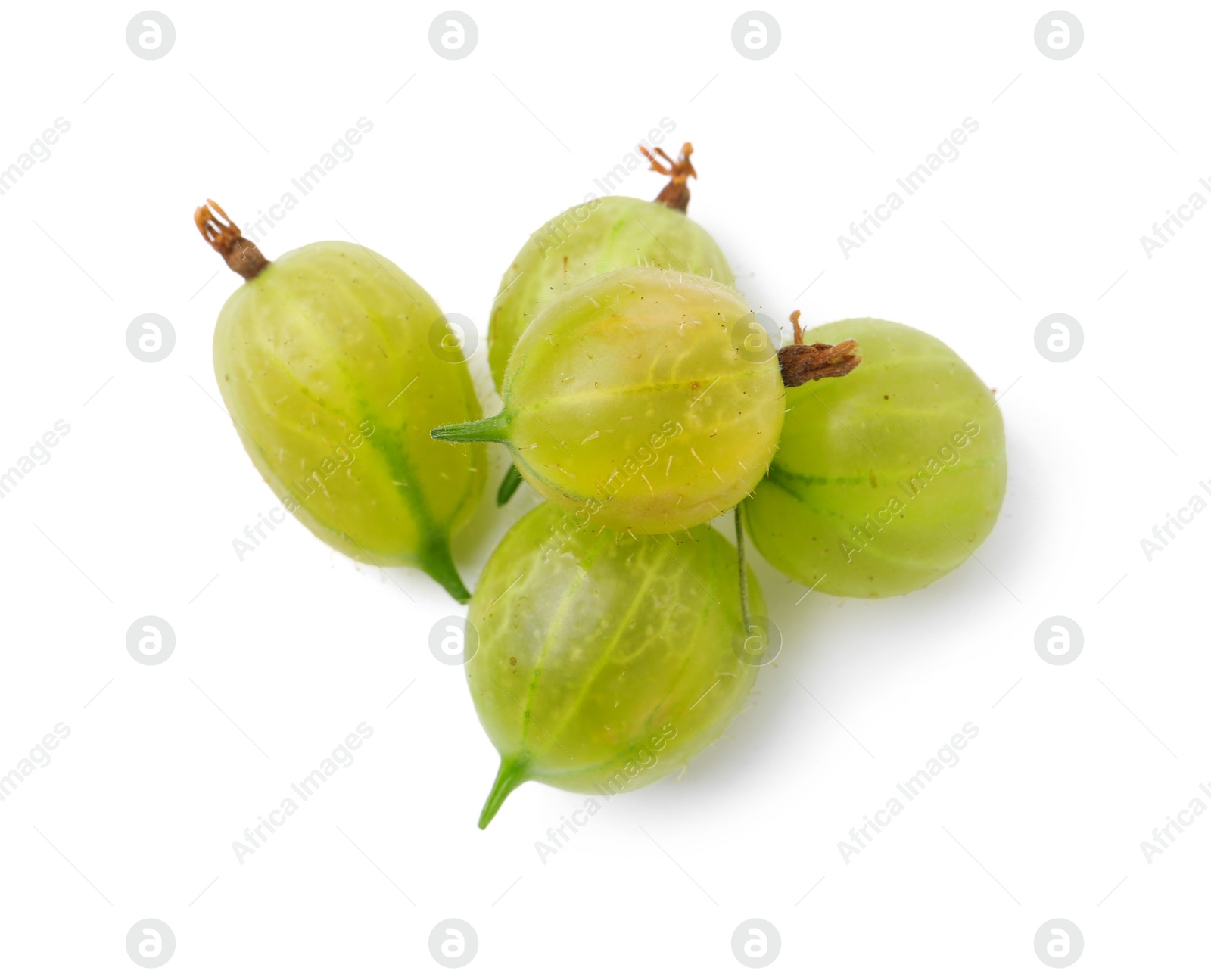 Photo of Many fresh green gooseberries isolated on white, top view