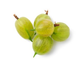 Photo of Many fresh green gooseberries isolated on white, top view