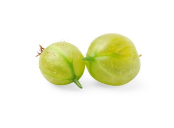 Photo of Two fresh green gooseberries isolated on white
