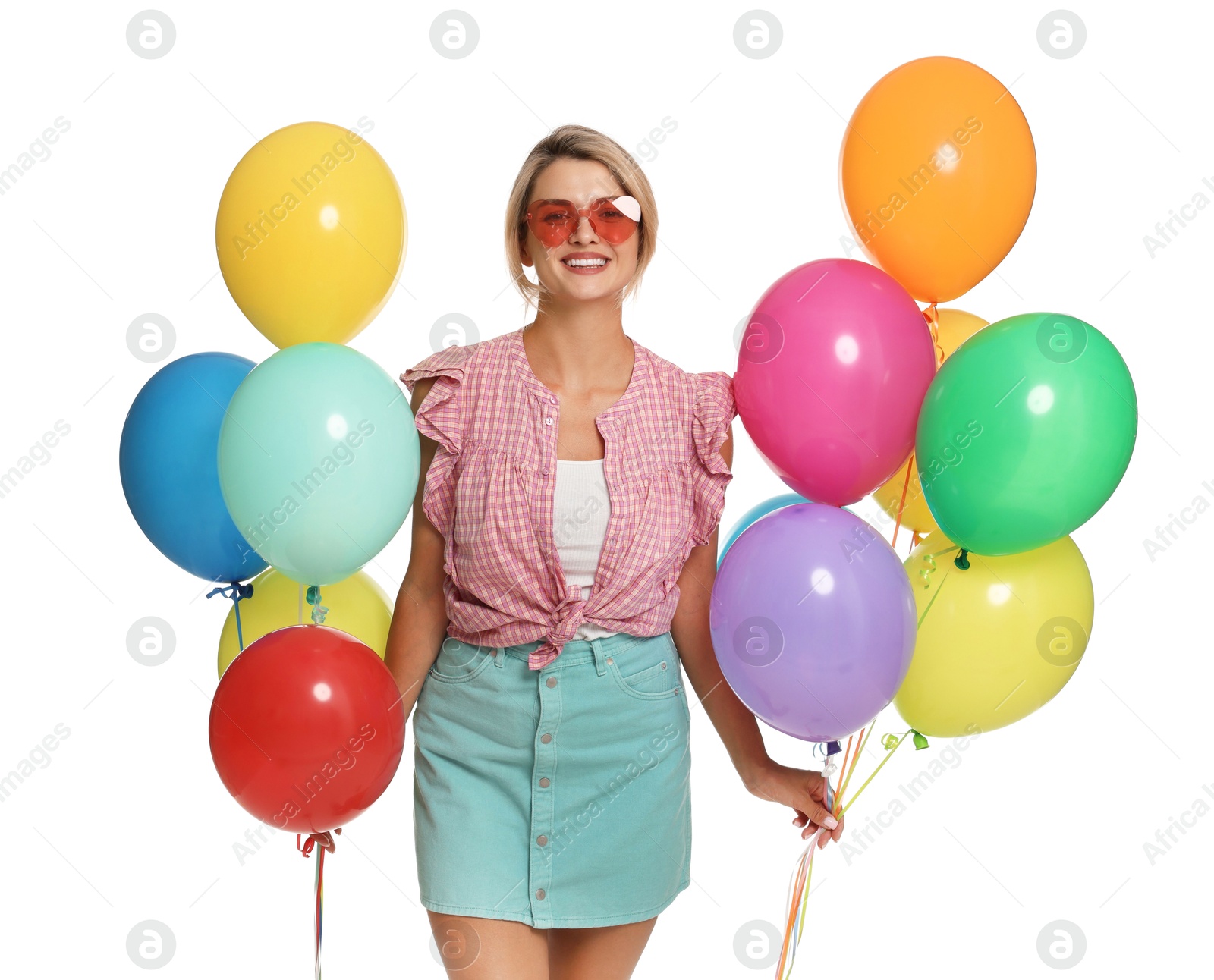 Smiling woman in sunglasses with bunches of colorful balloons on white background Photo of Smiling woman in sunglasses with bunches of colorful balloons on white background
