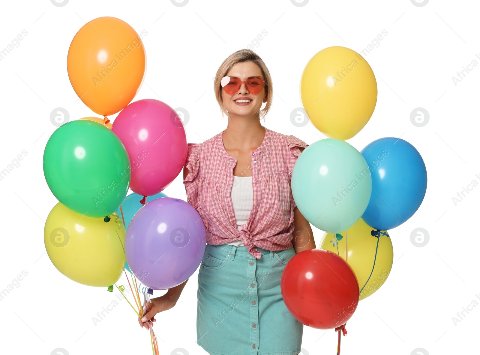 Smiling woman in sunglasses with bunches of colorful balloons on white background Photo of Smiling woman in sunglasses with bunches of colorful balloons on white background