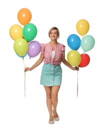 Photo of Smiling woman with bunches of colorful balloons on white background