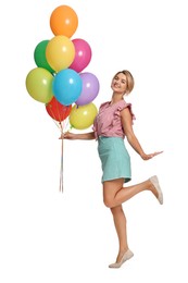 Photo of Smiling woman with bunch of colorful balloons on white background