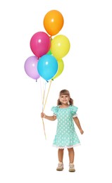 Photo of Smiling little girl in dress with bunch of colorful balloons on white background