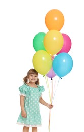 Photo of Smiling little girl in dress with bunch of colorful balloons on white background