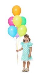 Photo of Cute little girl in dress with bunch of colorful balloons on white background