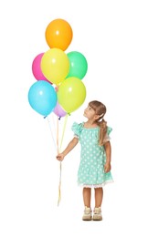 Photo of Cute little girl in dress with bunch of colorful balloons on white background