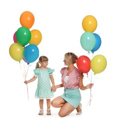 Photo of Happy mother in sunglasses and her little daughter with bunches of colorful balloons holding hands on white background