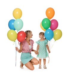 Photo of Happy mother in sunglasses and her little daughter with bunches of colorful balloons holding hands on white background