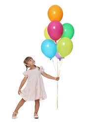 Photo of Cute little girl in dress with bunch of colorful balloons on white background