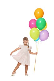 Photo of Cute little girl in dress with bunch of colorful balloons on white background