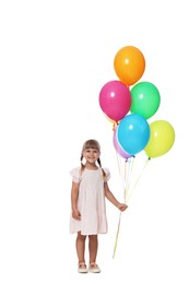 Photo of Smiling little girl in dress with bunch of colorful balloons on white background