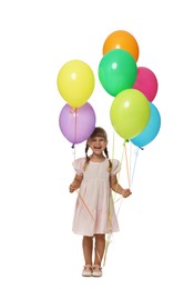 Photo of Happy little girl in dress with many colorful balloons on white background
