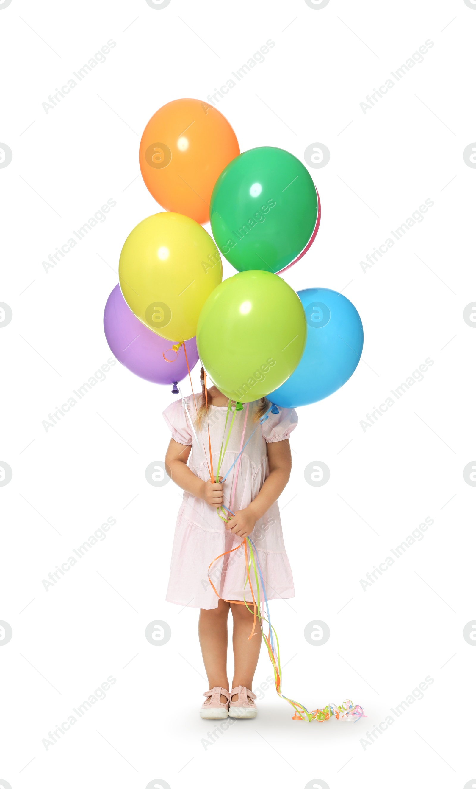 Little girl in dress hiding behind bunch of colorful balloons on white background Photo of Little girl in dress hiding behind bunch of colorful balloons on white background