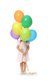 Photo of Little girl in dress hiding behind bunch of colorful balloons on white background