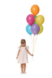 Photo of Cute little girl in dress with bunch of colorful balloons on white background