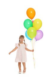 Photo of Smiling little girl in dress with bunch of colorful balloons on white background