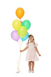 Photo of Cute little girl in dress with bunch of colorful balloons on white background