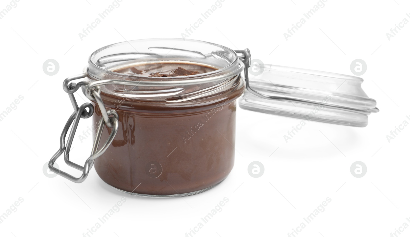 Delicious chocolate panna cotta in glass jar isolated on white Photo of Delicious chocolate panna cotta in glass jar isolated on white