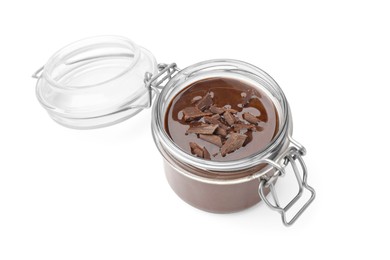 Photo of Delicious chocolate panna cotta in glass jar isolated on white