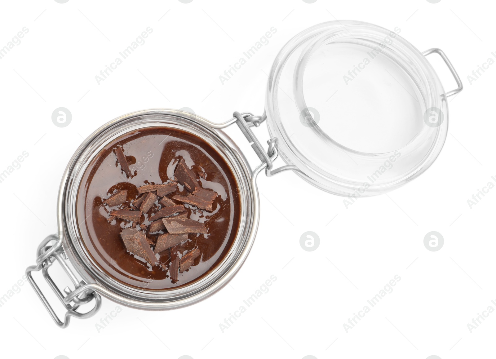 Delicious chocolate panna cotta in glass jar isolated on white, top view Photo of Delicious chocolate panna cotta in glass jar isolated on white, top view