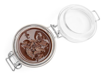 Photo of Delicious chocolate panna cotta in glass jar isolated on white, top view
