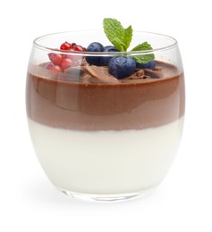 Photo of Delicious panna cotta with chocolate, berries and mint isolated on white