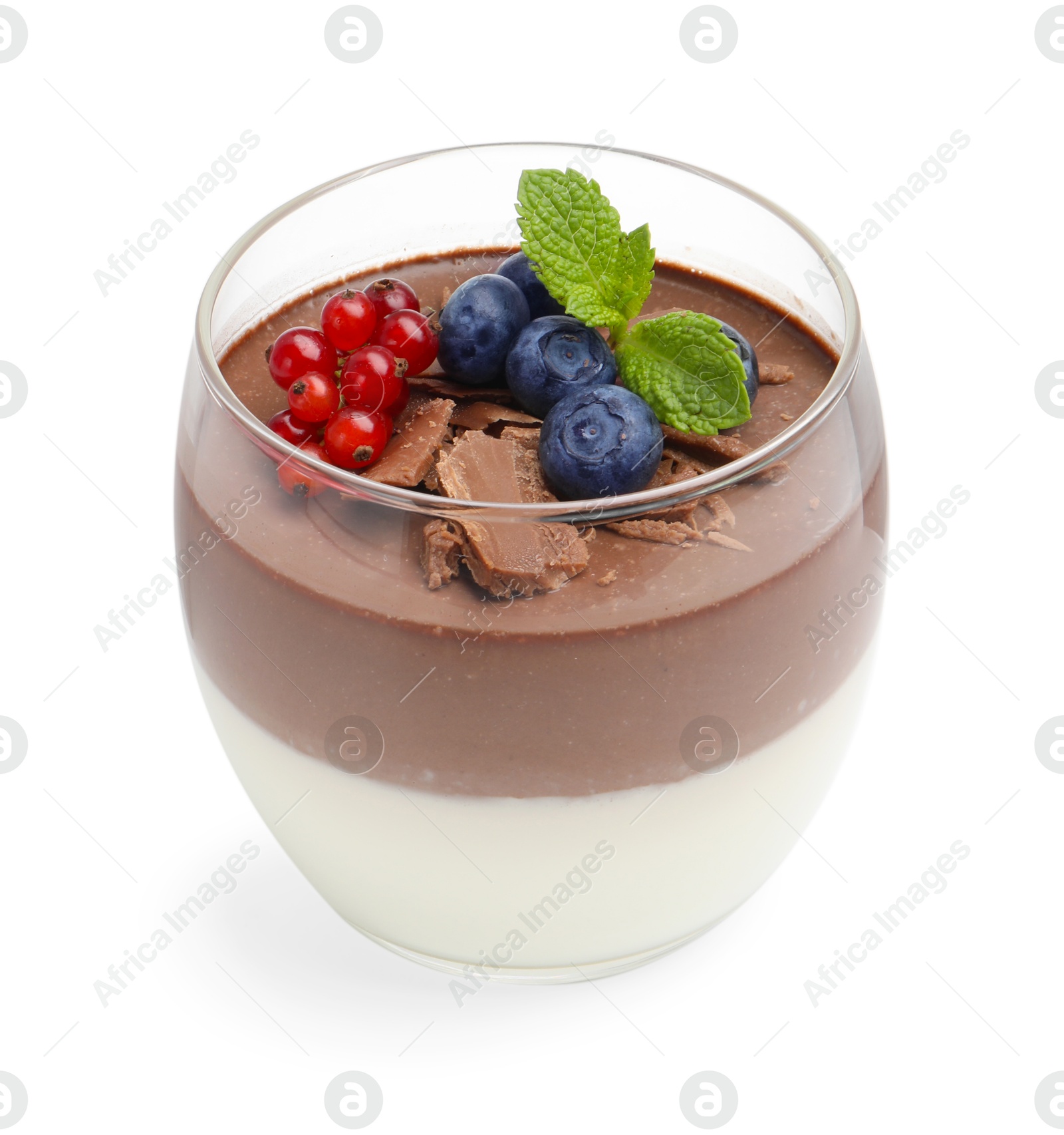 Delicious panna cotta with chocolate, berries and mint isolated on white Photo of Delicious panna cotta with chocolate, berries and mint isolated on white