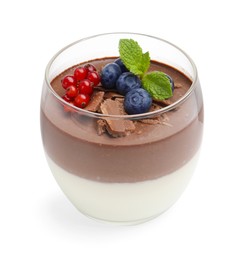 Photo of Delicious panna cotta with chocolate, berries and mint isolated on white