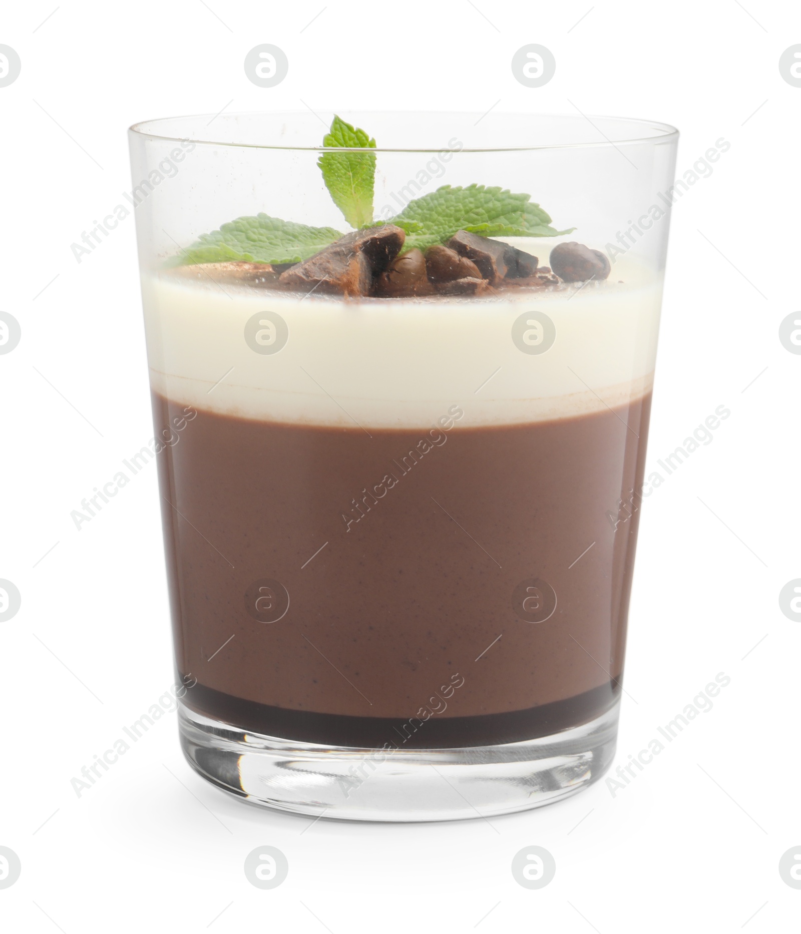 Delicious coffee panna cotta with beans and mint isolated on white Photo of Delicious coffee panna cotta with beans and mint isolated on white