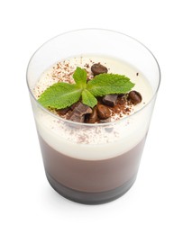 Photo of Delicious coffee panna cotta with beans and mint isolated on white