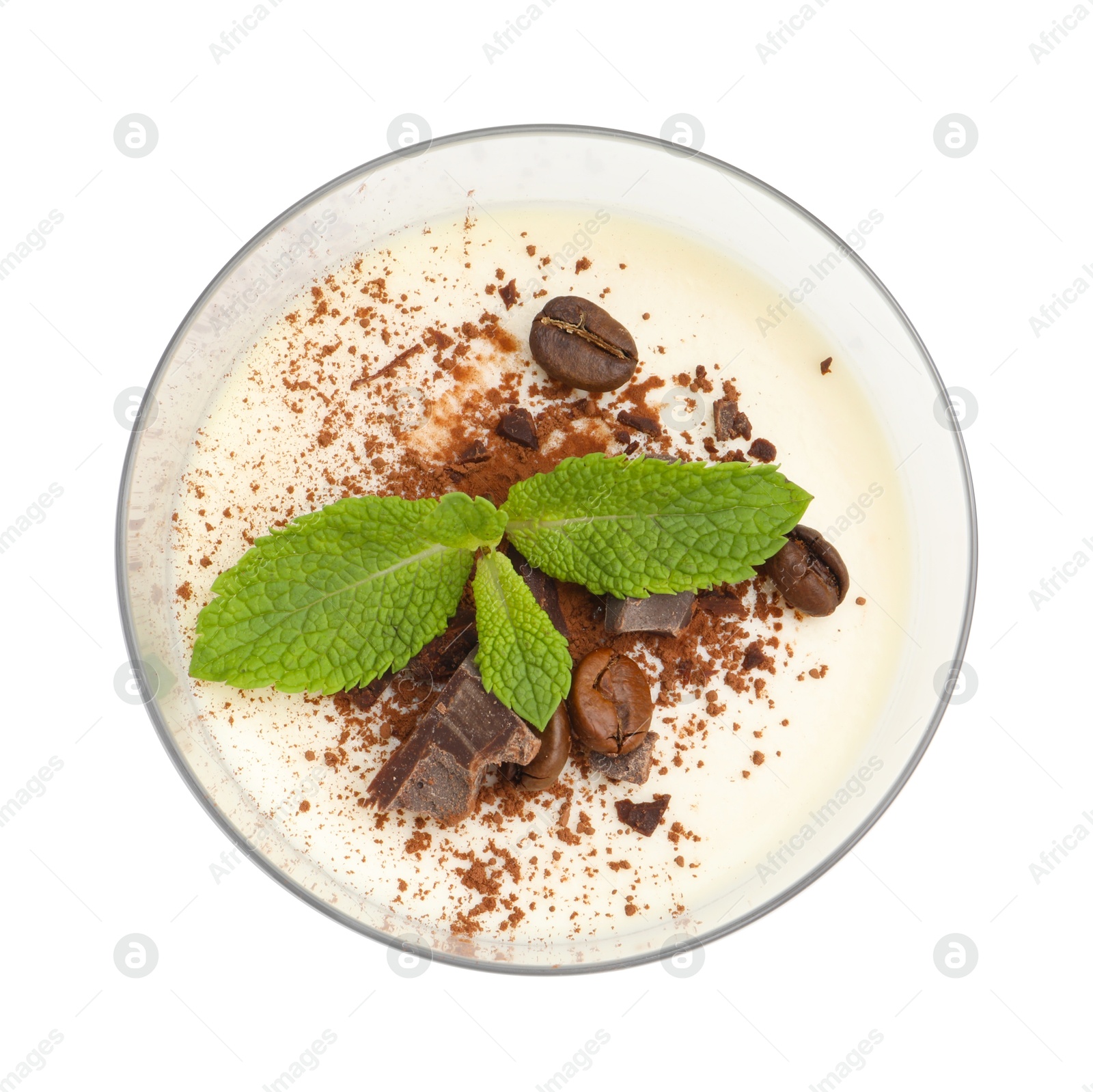 Delicious coffee panna cotta with beans and mint isolated on white, top view Photo of Delicious coffee panna cotta with beans and mint isolated on white, top view